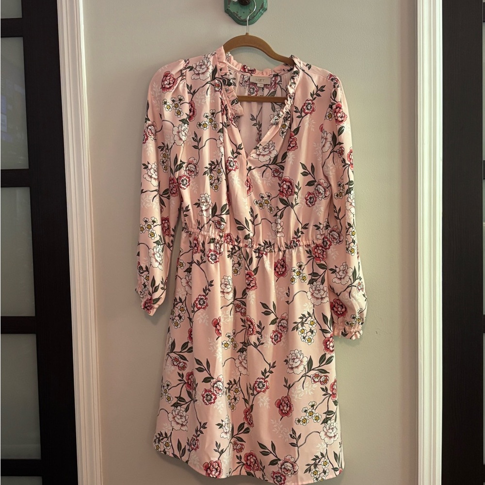 LOFT Pink Tie Front Ruffled Sundress for Wedding Guest